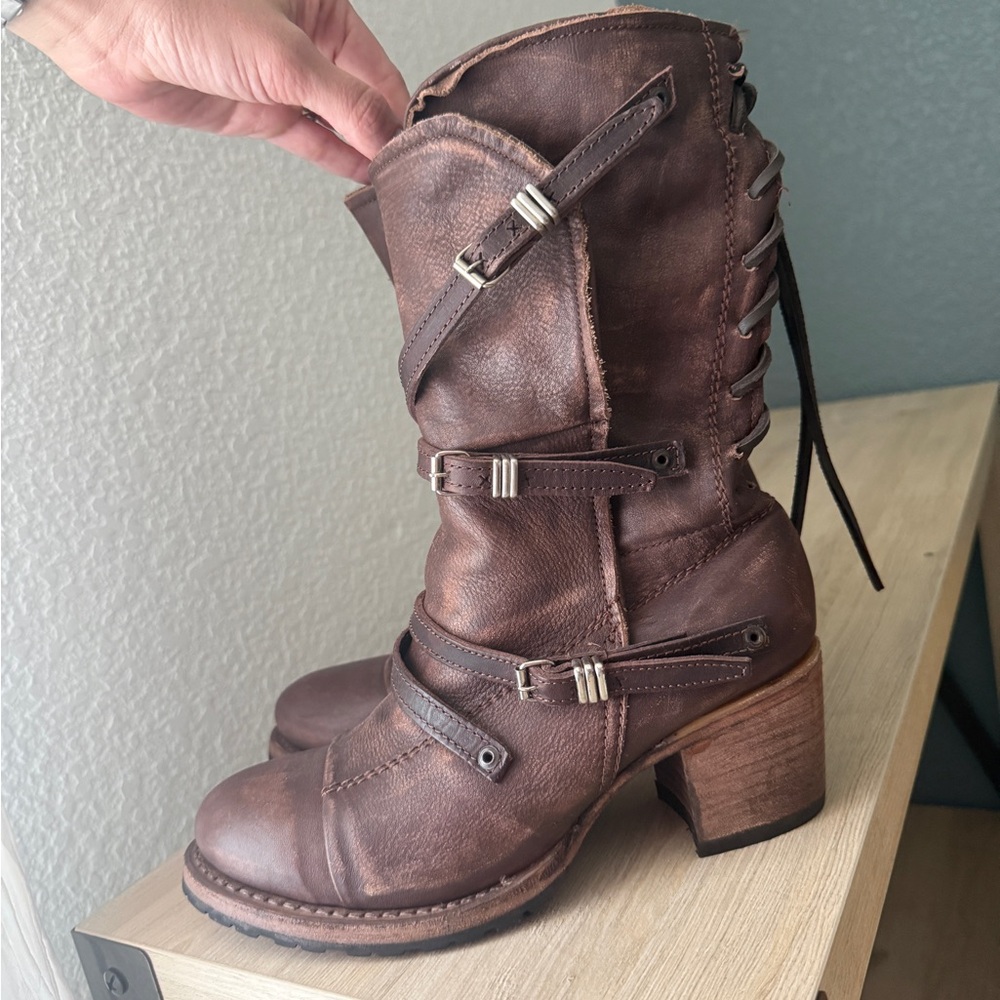 freebird Distressed Brown Leather Buckle Mid-Calf Heeled Boots